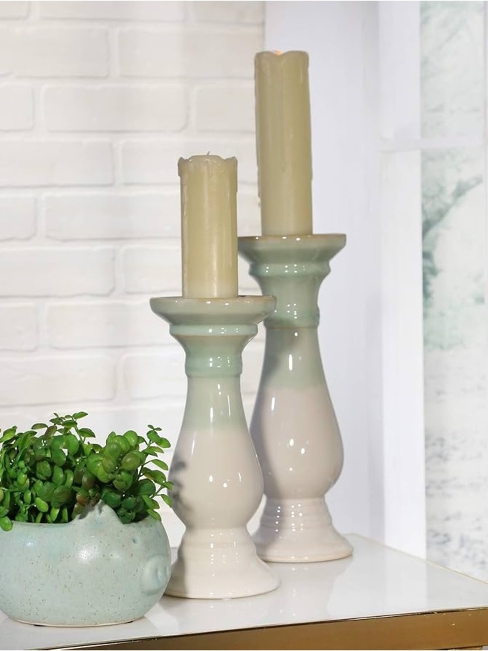 Sagebrook Home 13900-05 Ceramic 9.75" Candle Holder Green and White
